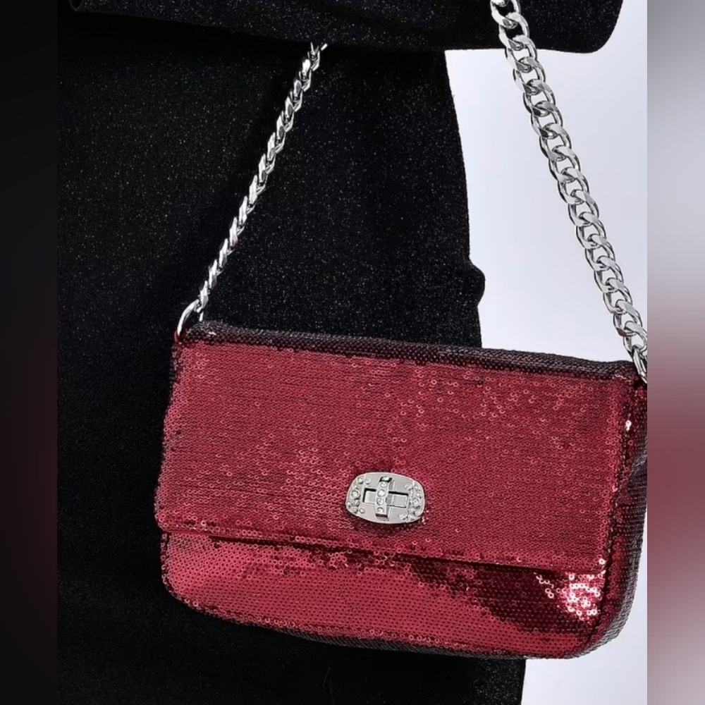 Red Sequin and Faux Leather Crossbody Bag with Dual Metal Chain